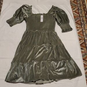 Baltic Born Olive Green Velvet Smocked Puff Sleeve Midi Dress